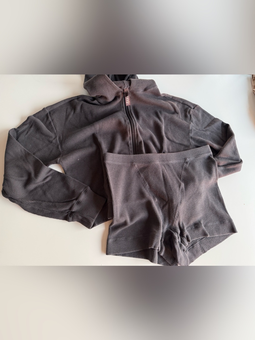 SKIMS Waffle Cropped Zip Hoodie & Boxer Shorts Matching Set Graphite Size L